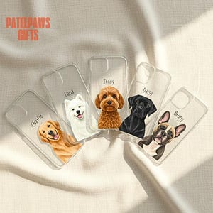 May include: Clear phone cases with custom dog portraits. Each case features a different dog breed: a Golden Retriever named Charlie, a Samoyed named Luna, a Goldendoodle named Teddy, a black Labrador named Daisy, and a French Bulldog named Bruny.