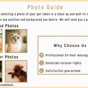 May include: A photo guide with examples of good and poor pet photos. The guide recommends close-up, well-lit photos. The image includes a dog with sunglasses and a cat as examples of good photos.
