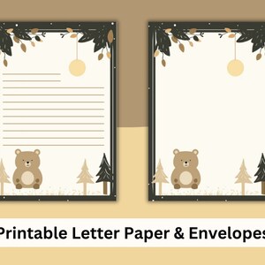 Papeterie imprimable Ours avec enveloppes, papier à lettre avec et sans doublure, papier US Letter et A4, papier à lettres imprimable pour enfants