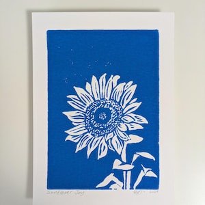 Linocut Print "Sunflower Joy" - blue original print signed floral design
