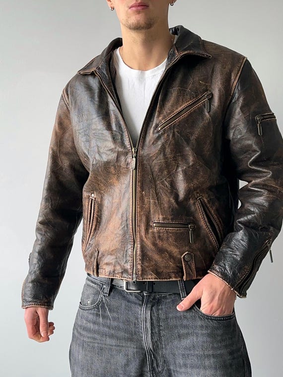 Vintage 90s Brown Washed Faded Distressed Leather Biker Punk 