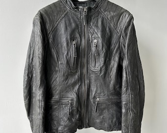 Vintage Y2K Cropped Black Washed Leather Jacket Women’s Size 36 Avant Garde Gothic Rick Style Designer Hype Streetwear 00s Fashion