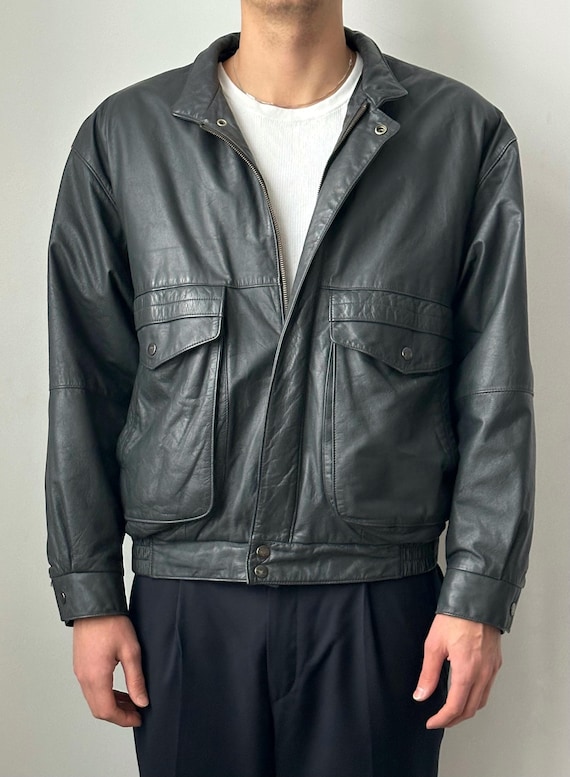 90s ビンテージ St.Michael オーバーサイズ レザーボンバーJKT Vintage St Michael Real Genuine Leather Black Jacket Made in Korea