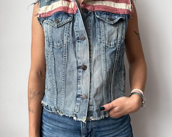Vintage Denim & Supply Ralph Lauren USA Flag Denim Vest Y2K Women’s Size S Light Blue Washed Polo RL Rare Streetwear