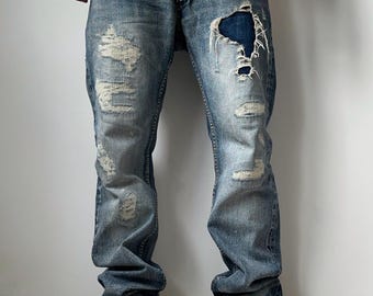 Vintage OG Billionaire Boys Club ABC Astronaut Helm Gesticktes Logo Distressed Denim Jeans Herren Größe 34 Streetwear Pharrell Nigo Era