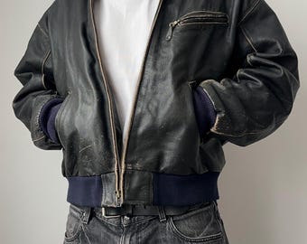 Vintage 90s Alexander Distressed Washed Faded Genuine Leather Boxy Bomber Jacket Men’s Size XL Streetwear Oversized Rare Y2K Rock Punk