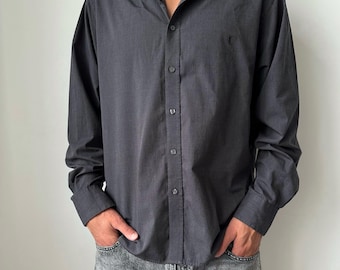 Vintage 00s Yves Saint Laurent YSL Logo Dark Gray Button Up Long Sleeve Shirt Men’s Size XL Y2K Luxury Designer Retro Old Money Archive Rare