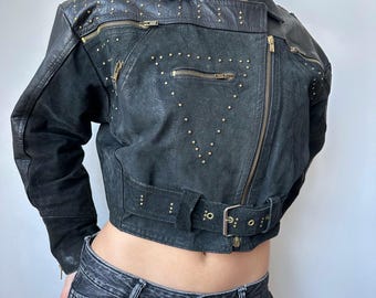 Vintage Y2K Cropped Avant Garde Punk Rave Gothic Japanese Style Black Leather Jacket Women’s Size S-M Archive Designer Rare Rock Retro