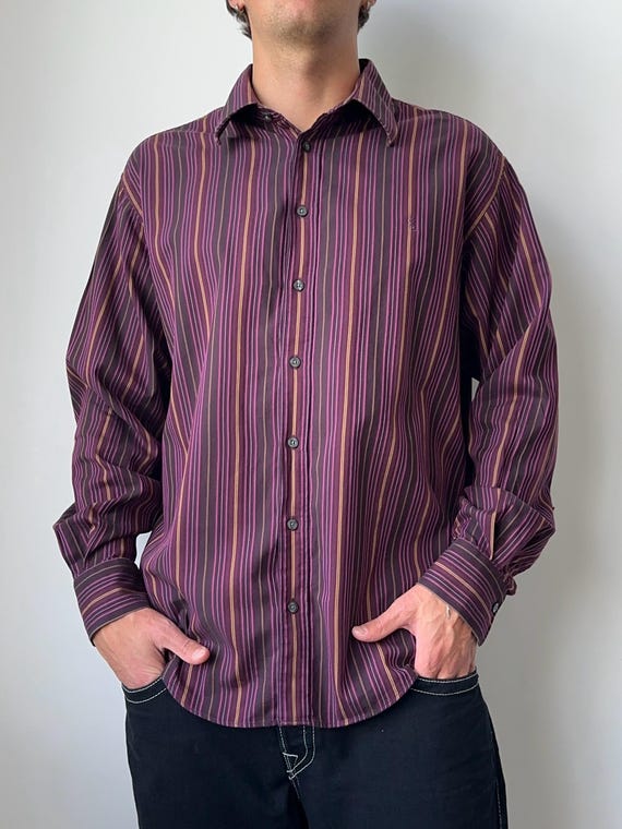 Saint Laurent, Vintage Yves Saint Laurent YSL Logo Striped Casual Long Sleeve Button Up Shirt Men’s Size XL Old Money Luxury Designer Archive