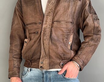 Vintage Y2K Arrow Washed Faded Brown Genuine Leather Grunge Jacket Men’s Size L Punk Rock Distressed Streetwear Fashion Hype Retro Rare