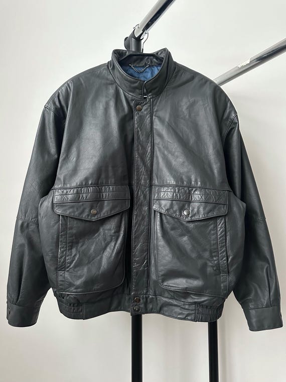 90s ビンテージ St.Michael オーバーサイズ レザーボンバーJKT Vintage St Michael Real Genuine Leather Black Jacket Made in Korea