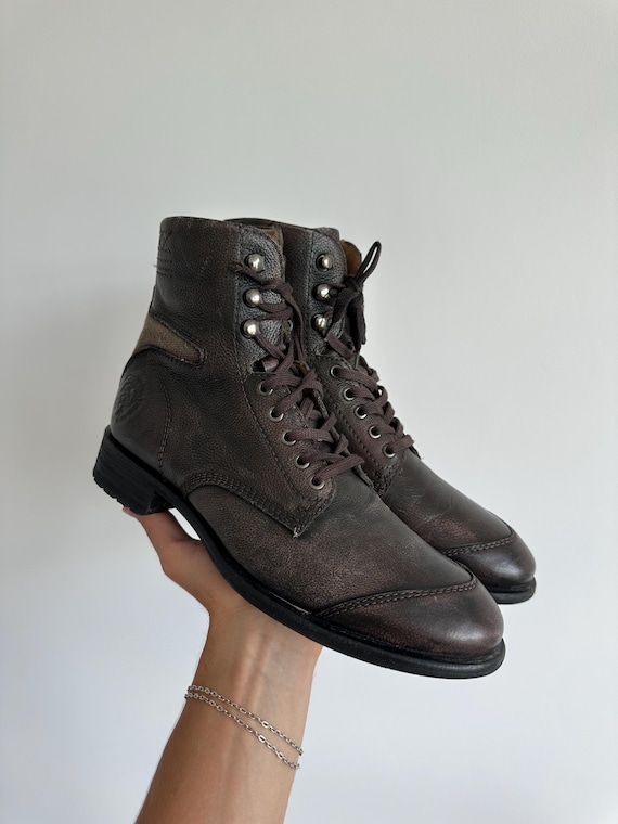 Diesel, Vintage Diesel Dark Brown Washed Distressed Genuine Leather Lace Up Biker Boots Avant Garde Grunge Punk Archive Luxury Men’s Size 43