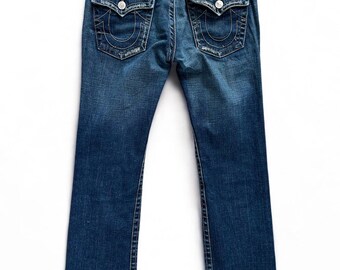 Vaqueros desgastados vintage Y2K True Religion con logo de herradura bordado, talla 30 para mujer, ropa urbana estadounidense, corte acampanado, años 00 y 90, raros.