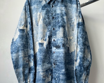 ヴィンテージアーカイブ モスキーノジーンズ ブルーウォッシュ加工 アブストラクト総柄ボタンアップシャツ メンズサイズXL レア デザイナー ラグジュアリー レトロ イタリア