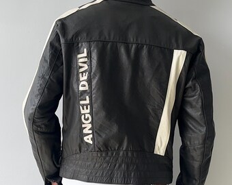 Vintage Angel Devil Black Genuine Leather Racing Motorcycle Biker Jacket Men’s Size M Designer Luxury Made In Italy Y2K Retro Streetwear