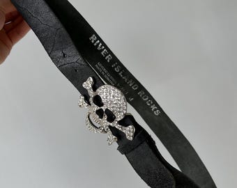 Vintage Y2K Rock Punk Gothic Skull Rhinestones Buckle Black Genuine Leather Belt Men’s Size M Drip Designer Archive Streetwear
