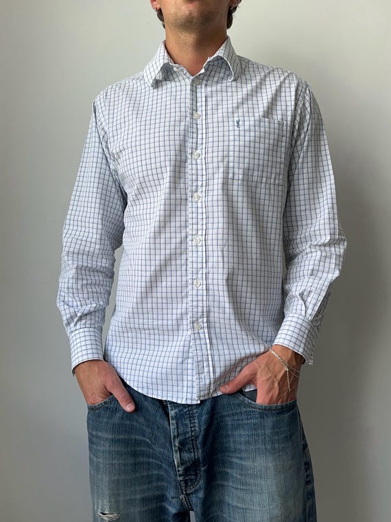Saint Laurent, Vintage Yves Saint Laurent YSL Logo Striped White Casual Long Sleeve Button Up Shirt Men’s Size M Old Money Luxury Designer Archive