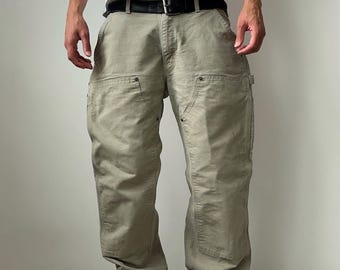 Vintage 90s Carhartt Double Knee Work Pants Beige Washed Faded Thrashed Denim Jeans Men’s Size 34 Baggy Streetwear Workwear Y2K Carpenter
