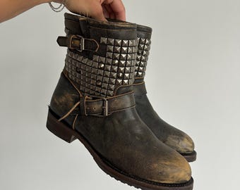 Ash Metal Studded Washed Faded Distressed Genuine Leather Boots Size 41 Avant Garde Gothic Punk Designer Luxury Men’s Women’s Unisex