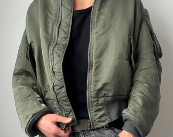 Vintage 90s Alpha Industries Made In USA MA-1 Flyers Intermediate Olive Khaki Nylon Thrashed Washed Bomber Jacket Men’s Size XL Air Force