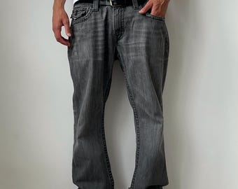 Vintage Y2K True Religion Logo Horseshoe Ricky Grey Dark Washed Denim Rap Baggy Fit Jeans Made In USA Men’s Size 38 Streetwear 00s Hip-Hop