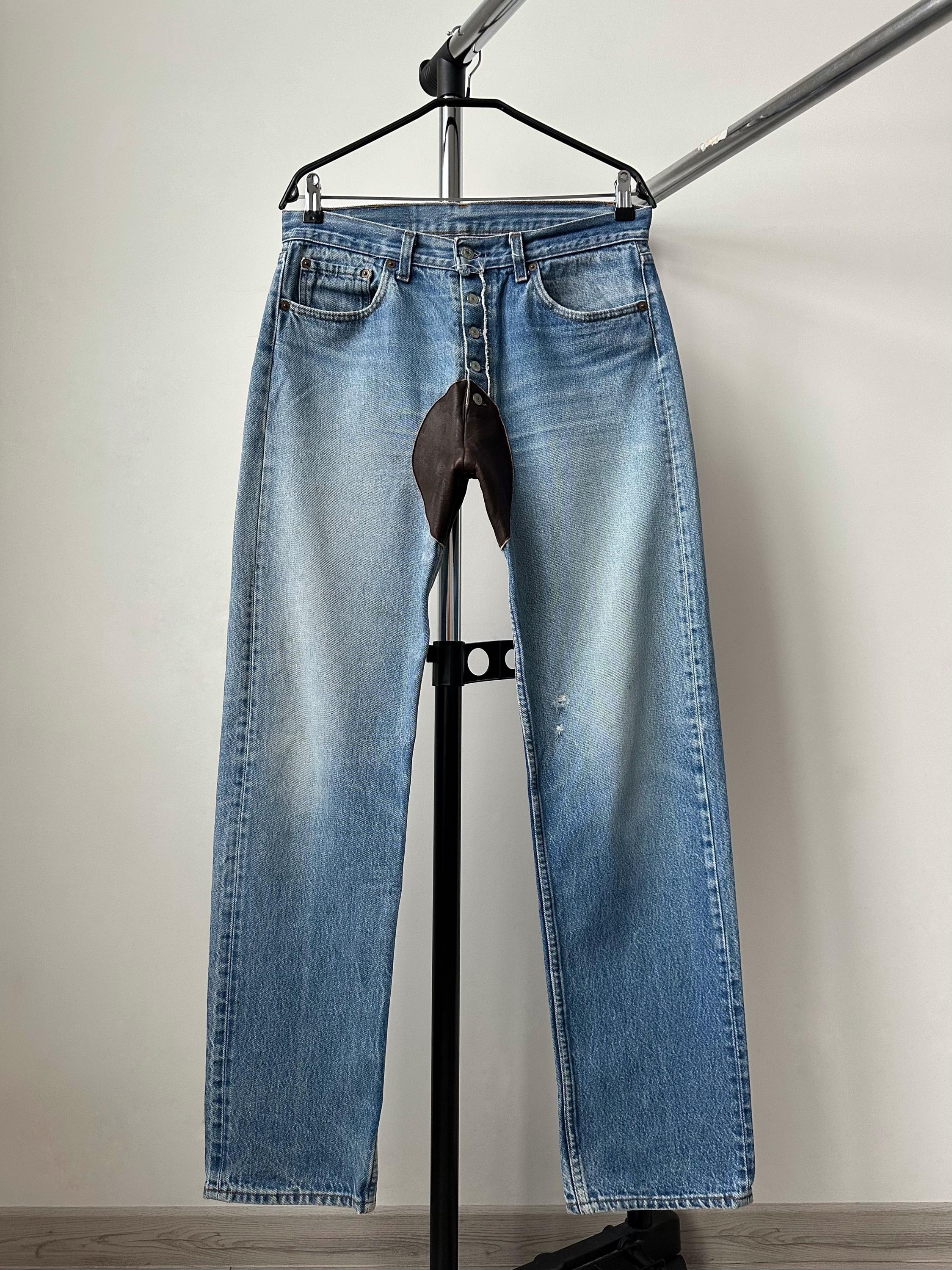 Vintage 80s Levi’s 501 Leather Crotch Washed Distressed Blue Denim Jeans Men’s Size 32 Cowboy Western Style Light Wash Pants USA Rare 90s