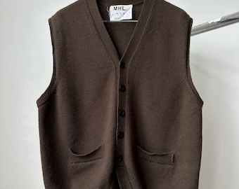 MHL by Margaret Howell Brown Wool Knitted Sweater Button Gilet Vest Waistcoat Men Size M Old Money Designer Luxury Premium Vintage