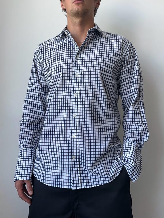 Saint Laurent, Vintage Luxury Yves Saint Laurent YSL Logo French Cuffs White / Black Check Button Up Shirt Men’s Size 39 Archive Designer Formal Dress 00s