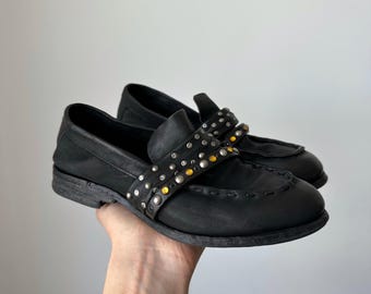 Zapatos planos tipo mocasín de cuero negro de la marca vintage A.S.98, estilo gótico vanguardista para mujer, talla 37, lujo retro Y2K.