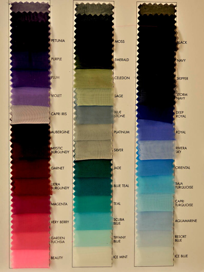 May include: A color chart with 18 rows of fabric swatches. Each row has a fabric swatch and a name for the color. The colors range from dark purple to light blue. The names of the colors are: Petunia, Purple, Plum, Violet, Capri Iris, Aubergine, Mystic Burgundy, Garnet, Ultra Burgundy, Magenta, Very Berry, Garden Fuchsia, Beauty, Moss, Emerald, Celadon, Sage, Blue Stone, Platinum, Silver, Jade, Blue Teal, Teal, Scuba Blue, Tiffany Blue, Ice Mint, Black, Navy, Skipper, Storm Navy, Deep Royal, Royal, Riviera Sky, Oriental, Baja Turquoise, Capri Turquoise, Aquamarine, Resort Blue, Ice Blue.