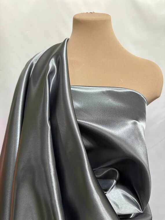 Dark Silver Satin Fabric, Silky Satin Fabric Silver , Bridal Satin