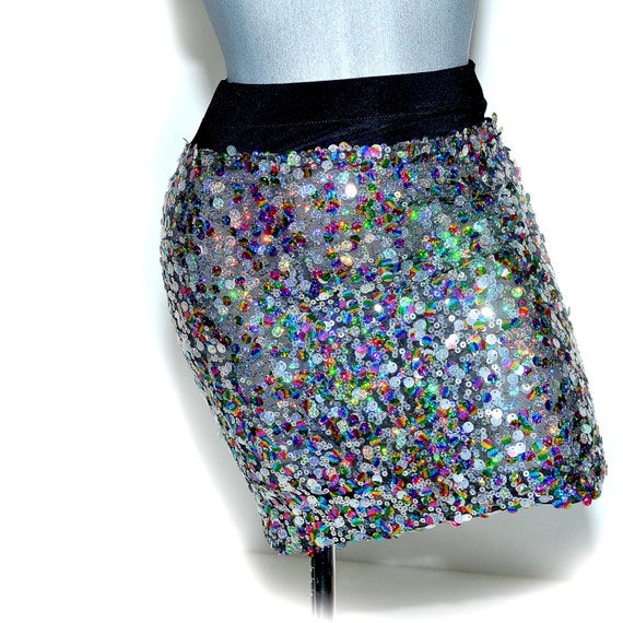 Mulit Colored Sequin mini skirt...sequins are sewn on... black | Etsy