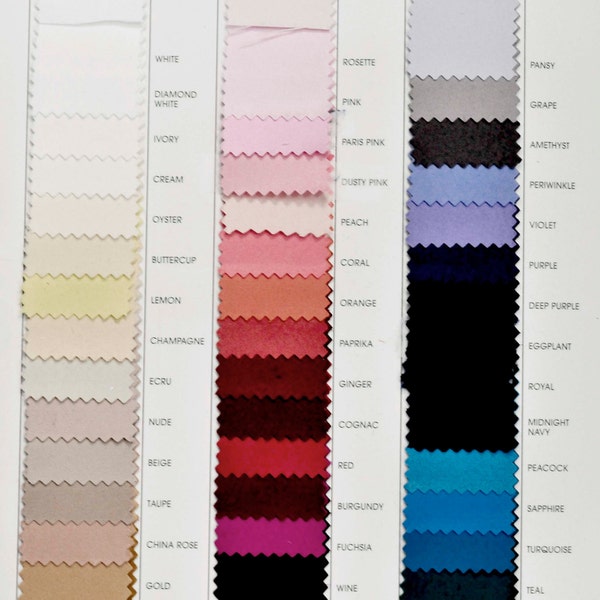 May include: A color chart with fabric swatches in various shades of white, pink, red, blue, purple, and green. The swatches are labeled with names like "White", "Diamond White", "Rosette", "Pansy", "Pink", "Grape", "Ivory", "Paris Pink", "Amethyst", "Cream", "Dusty Pink", "Periwinkle", "Oyster", "Peach", "Violet", "Buttercup", "Coral", "Purple", "Lemon", "Orange", "Deep Purple", "Champagne", "Paprika", "Ecru", "Ginger", "Eggplant", "Nude", "Cognac", "Royal", "Beige", "Red", "Midnight Navy", "Taupe", "Burgundy", "Peacock", "China Rose", "Fuchsia", "Sapphire", "Gold", "Wine", "Turquoise", "Antique Gold", "Dark Brown", "Teal", and "Forest Green".