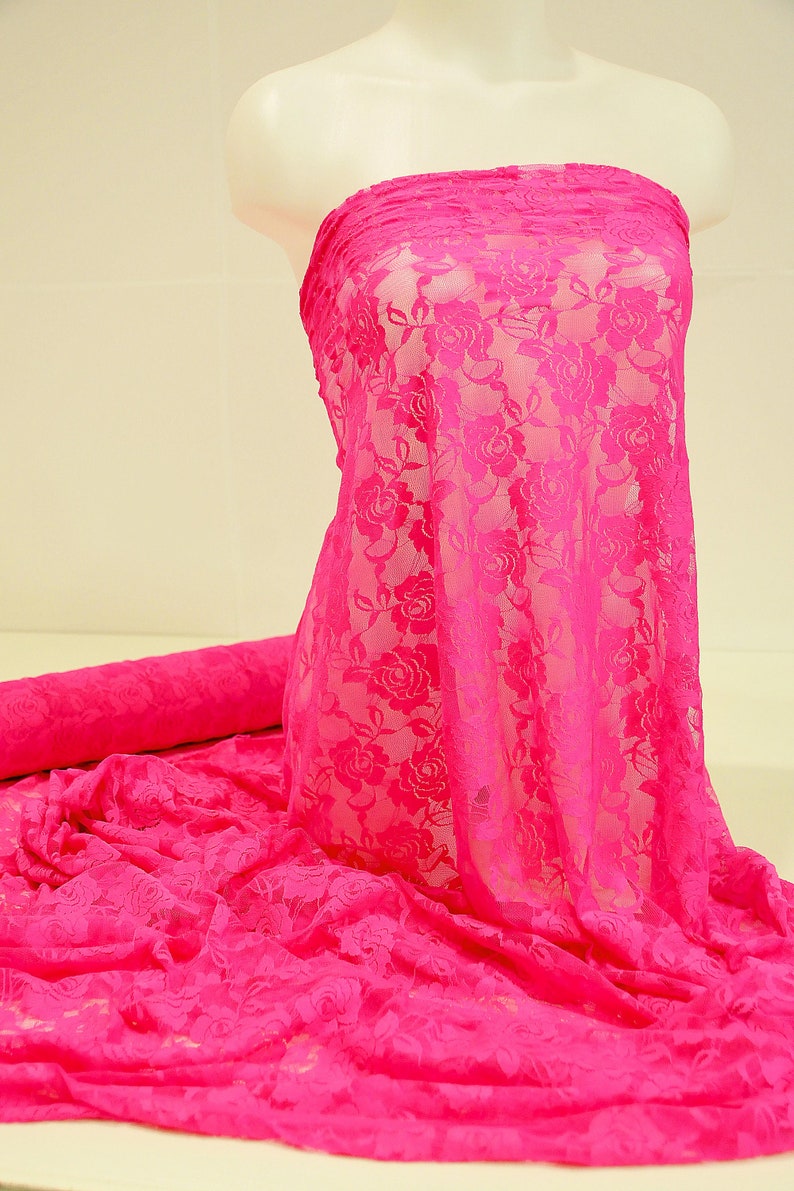 bridal Stretch Lace Flo Pink sold by the yard 4 way stretch formal pageant lingerie- evening wear