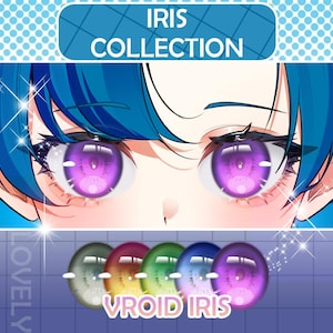 Puede incluir: Una colección de iris VROID, que presenta una variedad de colores y diseños. Los iris se muestran sobre un fondo blanco con un efecto brillante. El texto "VROID IRIS" se muestra debajo de los iris.