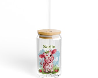 The Original Strawberry Cow Sipper, Cup for Kids, Sipper Glass, 16oz, Personalization Cup