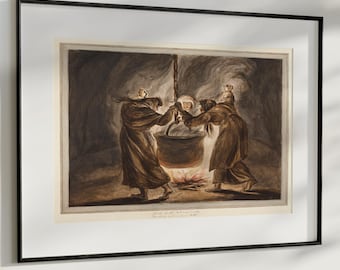 Lámina artística «Brujas alrededor de un caldero» – Póster vintage de fantasía oscura – Arte mural místico y oculto para decoración gótica del hogar y coleccionistas de ilustraciones