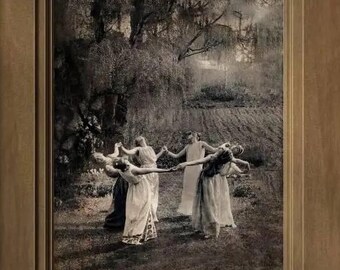 Mystic Witch Dance Art Print, Vintage Pagan Ritual Poster, Dark Feminine Occult Wall Decor, Enchanted Witchcraft for Moonlit Esoteric Spaces