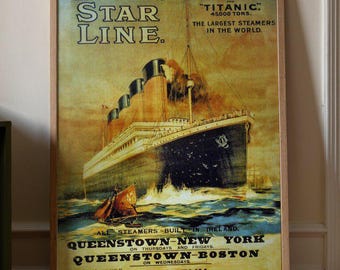 Vintage Titanic Poster Wall Art, White Star Line Retro Ship Print, Antique Ocean Liner Travel Advertisement for Historic Home Decor