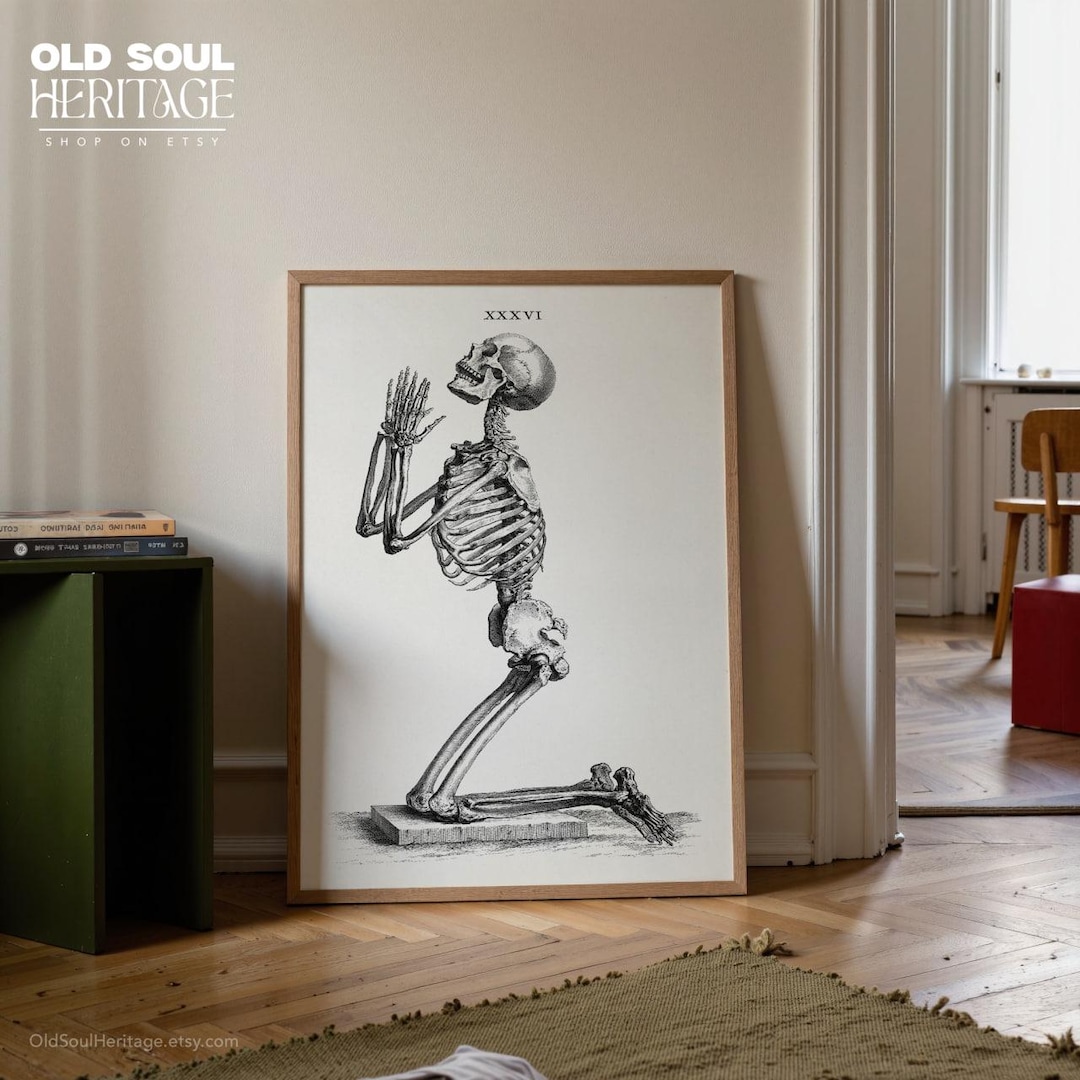 Vintage Anatomical Skeleton Praying Poster, Gothic Medical Illustration ...