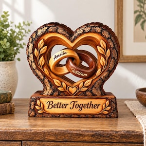 Personalisierte Holzplakette in Herzform mit ineinander verschlungenen Partnerringen, Tischdekoration zum Hochzeitstag