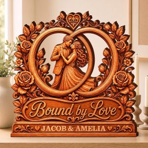 Könnte beinhalten: Eine geschnitzte Holzdekoration mit zwei ineinandergreifenden Ringen, die ein tanzendes Paar einrahmen. Das Stück ist mit Rosenmotiven und Blättern verziert, wobei der Text "Bound by Love" und "JACOB & AMELIA" auf der Basis eingraviert ist.
