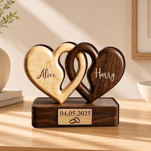 Custom Interlocking Hearts Wooden Plaque, Personalized Names and Date, Engraved Couple Anniversary Gift