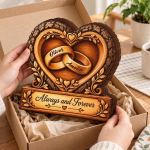 Personalisierte Holzherzplakette, Erinnerungsstück zum Hochzeitstag mit ineinander verschlungenen Ringen