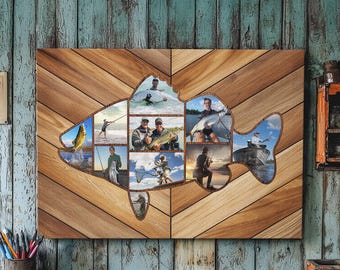 Custom Fishing Photo Collage Canvas, Fish Shape Personalized Wall Art, Unique Gift for Dad, Anniversary, Birthday Fishing Theme Décor