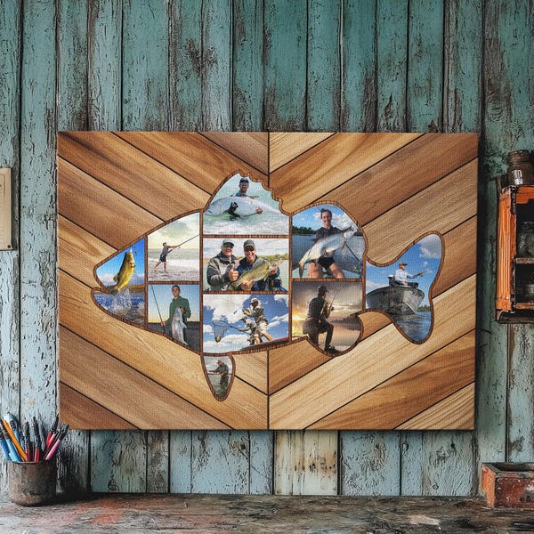 Aangepaste visserij fotocollage canvas, visvorm gepersonaliseerde muurkunst, uniek cadeau voor papa, verjaardag, verjaardag vissen themadecor