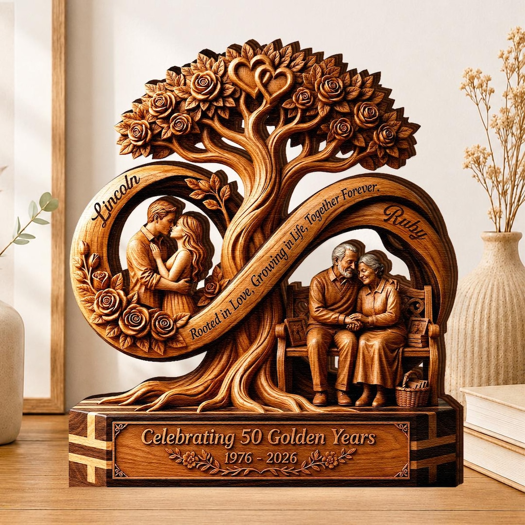 Personalized Infinity Tree Wooden Plaque, Custom 50th Wedding Anniversary, Gift for Couple