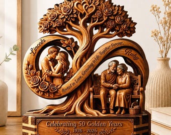 Targa in legno personalizzata con albero dell'infinito, regalo personalizzato per il 50° anniversario di matrimonio, ideale per la coppia.