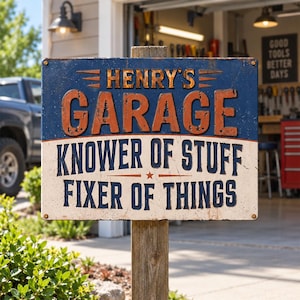 May include: A rectangular metal sign with a distressed finish featuring the text HENRY'S GARAGE, KNOWER OF STUFF, and FIXER OF THINGS. The top section is dark blue with orange lettering, while the bottom section is off-white with dark blue text.