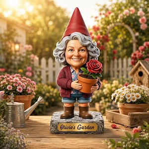 May include: A garden gnome figurine featuring a person with grey hair wearing a red pointed hat, a maroon cardigan, a floral shirt, and blue shorts. The figure holds a terracotta pot with a red rose and stands on a base labelled Olivia's Garden.